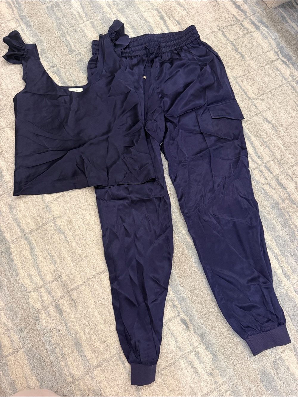 Cami NYC Women's Navy 100% Silk Jogger Pants and Ruffle Strap Cami Set